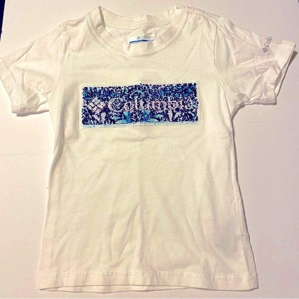 Columbia white t shirt sequin reversible logo girl’s kids XS 6